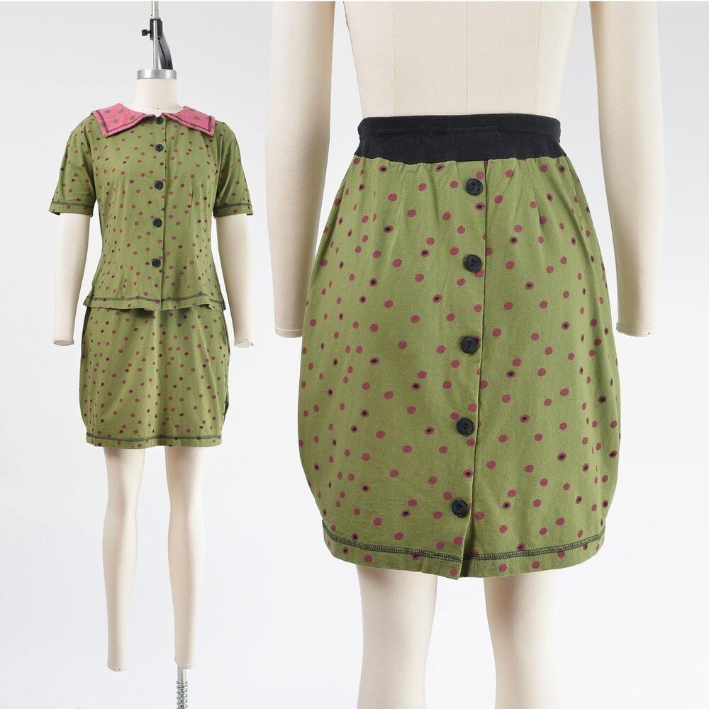 Vintage 90s Polka Mini Dot Skirt and Blouse Set Cotton Sailor Collar Top XS S - Picture 2 of 9